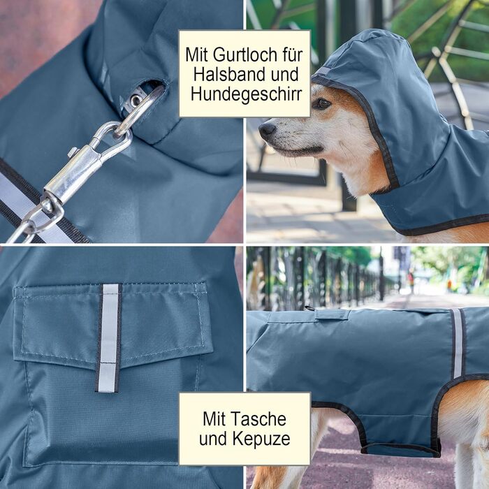 Водонепроникна куртка для собак KoKoBin з капюшоном, світловідбиваючими елементами, легка та дихаюча, для середніх та великих собак (M, сіро-блакитний)