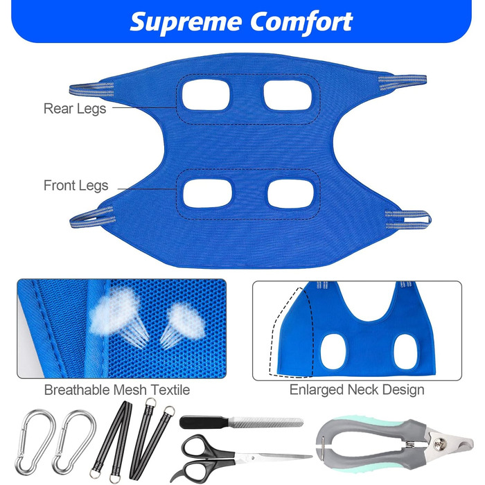 Гамак для собак середніх та великих порід ATESON з обрізачем нігтів, нашийник для грумінгу, синій