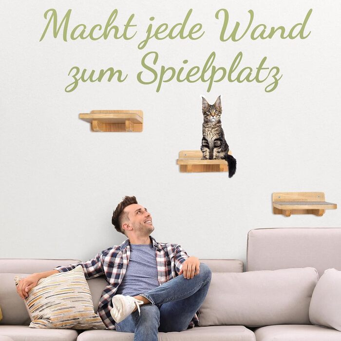 WOOWOOD® Драпалка для котів на стіну: Комплект з 3-х сходинок для лазіння | Комплекс для котів | Драбинка для котів | Настінна драпалка XL (Натуральний темний)