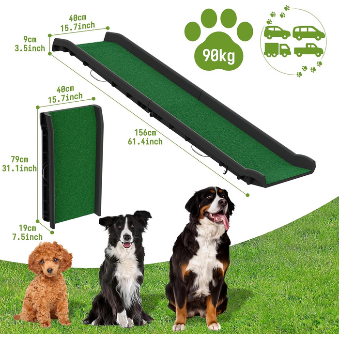 Рампа для собак з штучним газоном, складана, для автомобіля, 156 x 40 см, до 90 кг, зелена