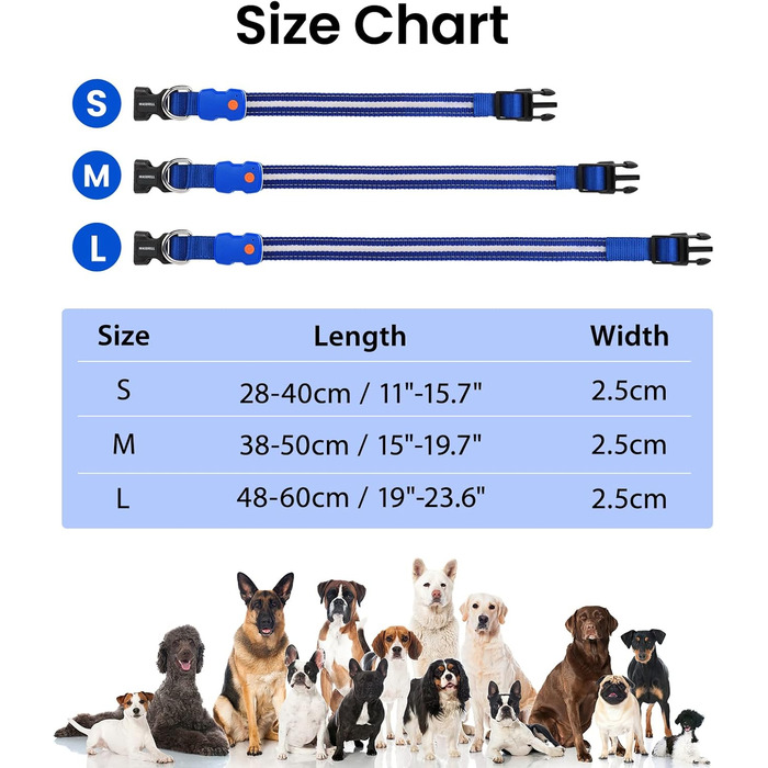 Світлодіодна нашийник для собак ASBRILL з підзарядкою, 7 кольорів RGB, 8 світлодіодів, регульований, вологостійкий, для маленьких, середніх та великих собак (S, блакитний)