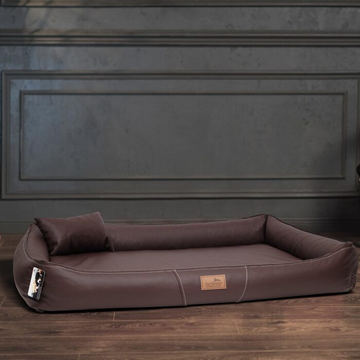 Ортопедичний лежак для собак Tierlando® Clifford з латексним ядром, покриття з легкоочисного штучного шкірозамінника з анти-волосяною поверхнею, підходить для алергіків, розмір: 85x60 см, колір: коричневий
