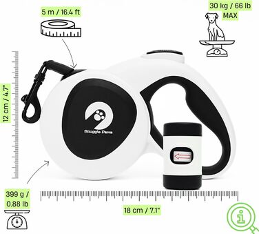 Рулетка для собак Snuggle Paws 5м з LED, дозатором пакетів, антикгризучим сталевим тросом і відбивною нейлоновою стрічкою, для середніх порід до 30 кг