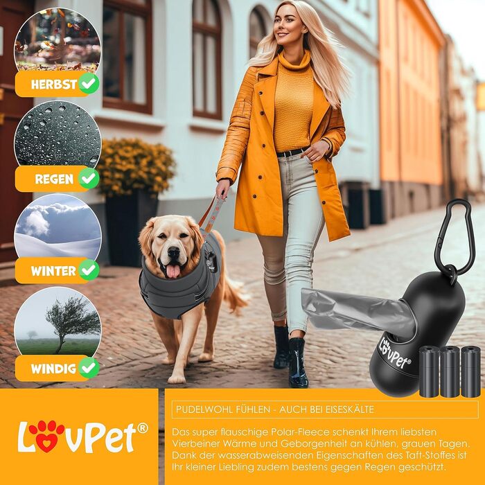 LOVPET® Зимова куртка для собак 2XL, антрацит, утеплена та водонепроникна з вбудованим шлеєю, світловідбивачами, D-кільцем, 45 пакетів для прибирання та диспенсером