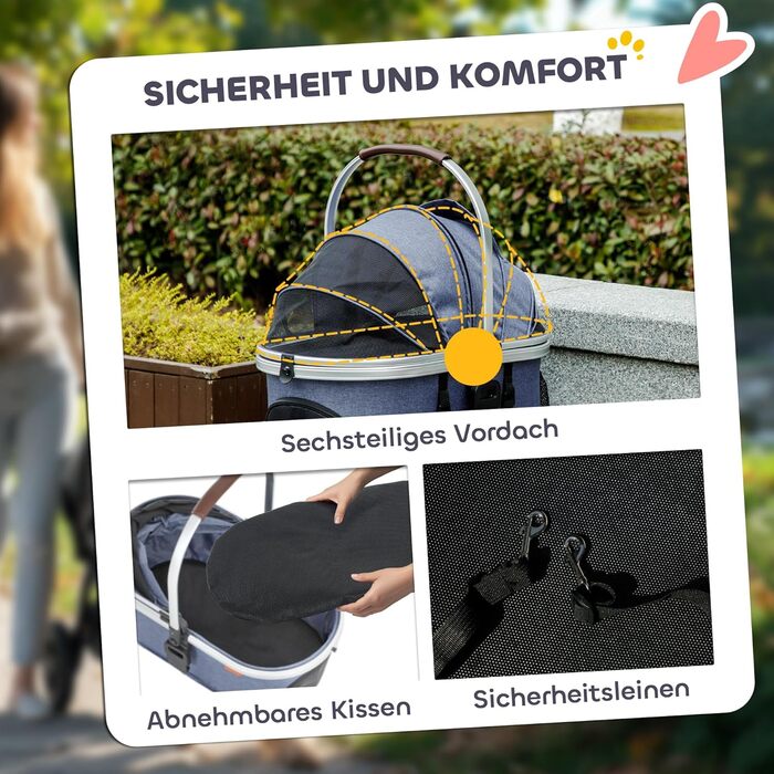 PawHut Візок для собак та котів 3-в-1, складаний, до 10 кг, з подушкою, сітковими віконцями, дверима та кошиком для зберігання (Блакитний)