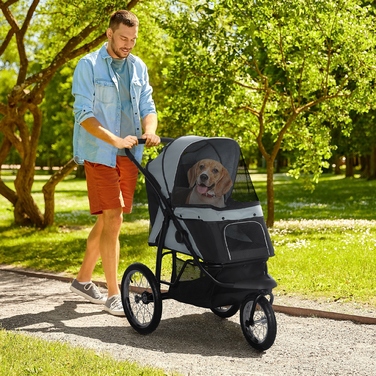 PawHut Dog Buggy Cat Buggy складний зі світловідбивачами, кошиком для зберігання, захистом від сонця та сітчастим вікном, Оксфорд сірий