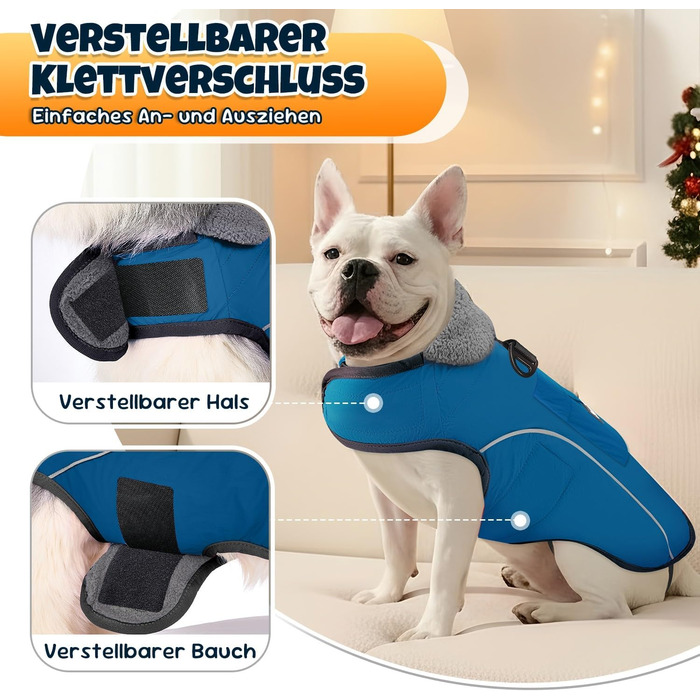 Тепла куртка для собак на зиму Nasjac: водонепроникна, з флісовою підкладкою та світловідбиваючими смугами, для середніх та великих собак (Темно-синій, L)