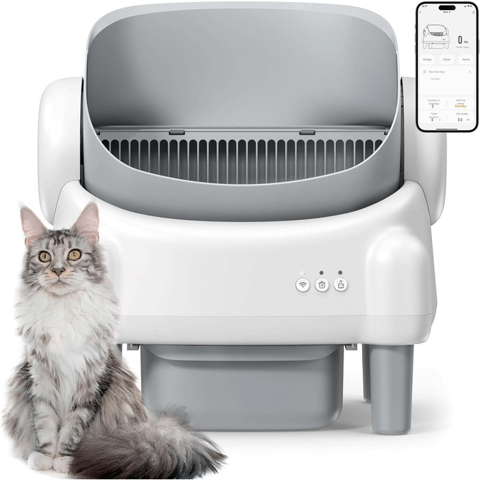 Автоматичний лоток для котів з відкриванням зверху, з керуванням через додаток, датчиком безпеки та 2 рулонами наповнювача, білий та сірий (MN-2) MN-1