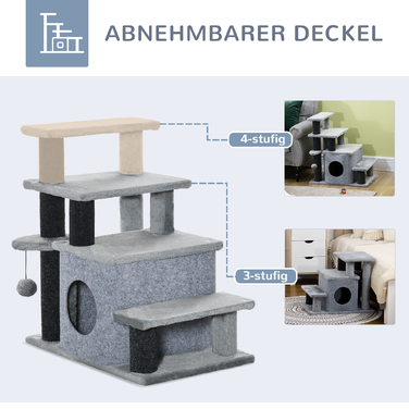 PawHut Pet Stairs 3/4-ступінчасті сходинки для кішок зі спальним місцем та ігровим м'ячем, плюшевий чохол, міцна ДСП для котів