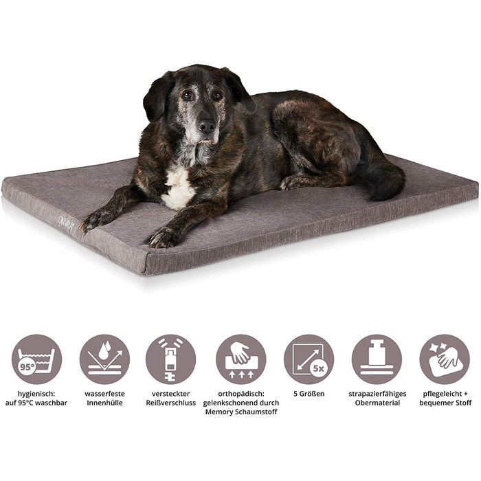 Ортопедична подушка для собак ONVAYA з Memory Foam, сіра, розмір L, пральна при 95°C, ліжко-матрац для собак
