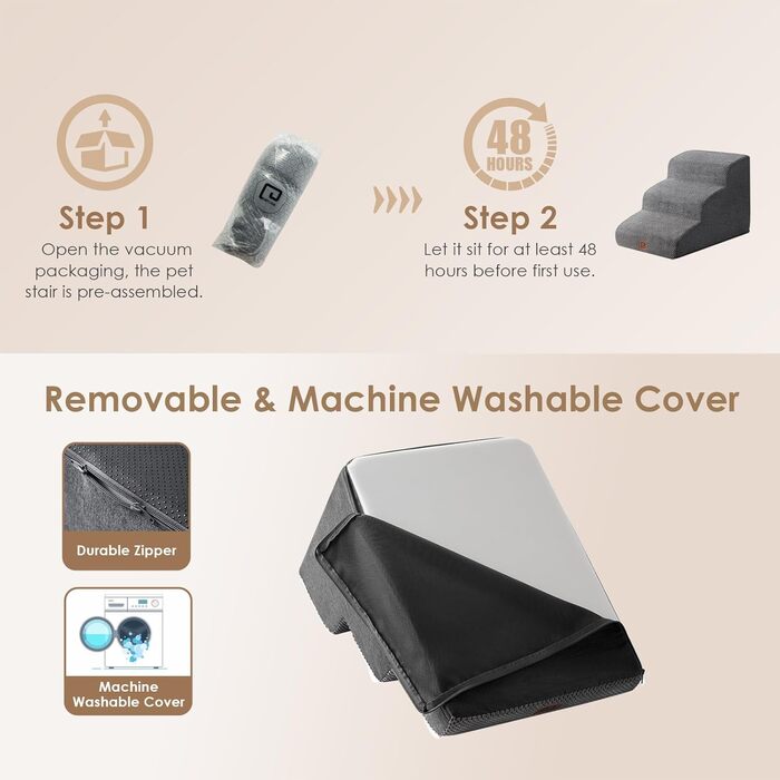 Сходинки для собак EHEYCIGA: компактні, 40 см, для маленьких собак, сірі. 3 сходинки, антиковзаюче покриття, миючий чохол. Розміри: 40 x 57 x 40 см