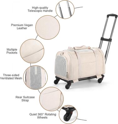 Сумка-переноска для тварин з екошкіри на колесах, для собак та котів до 6,8 кг, дозволена для перевезення в літаку, для подорожей, кемпінгу (Білий/Опудаловий сад)