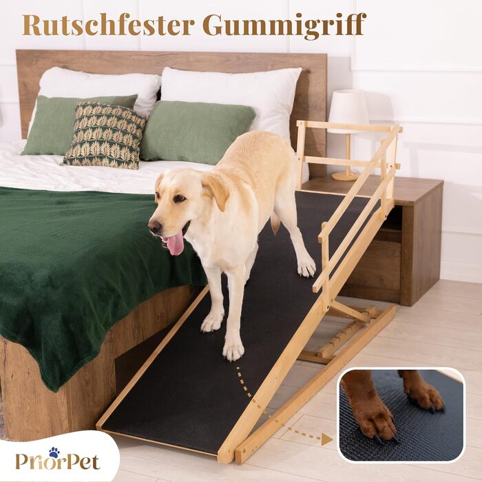 Сходинки для собак до ліжка з поручнями - для великих собак до 90 кг - регульована висота до 94.5 см - ширина 49.5 см - складаються - антиковзні ручки - з натурального березового дерева - колір натуральний