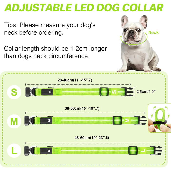 Світлодіодна нашийник для собак Feycig з USB-зарядкою - водонепроникний, регульований, 3 режими, для малих, середніх та великих собак (світло-зелений, L(48-60см))