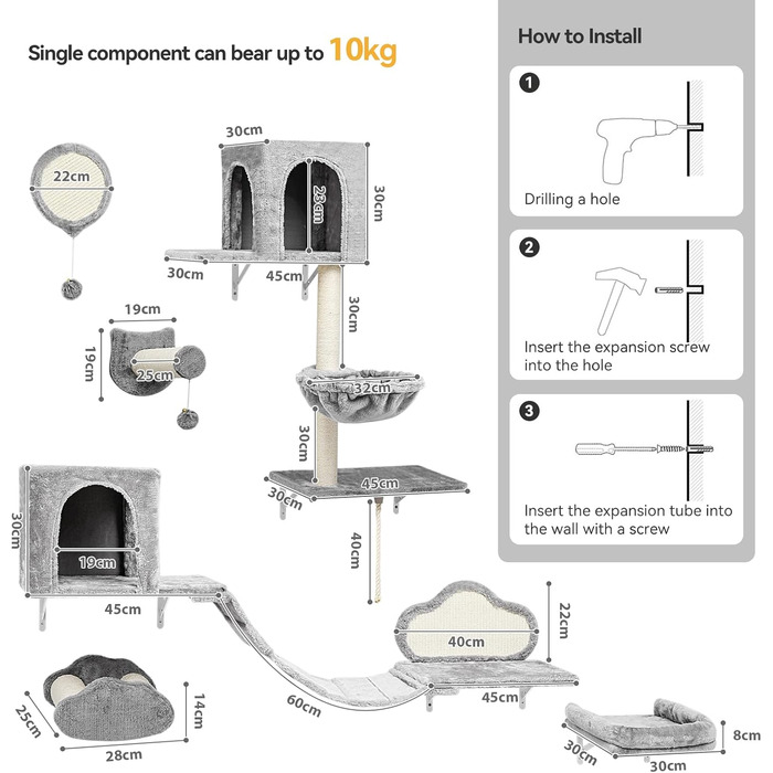 Комплекс для котів BYBYME з гамаком, ліжком та високими полицями, 6 предметів. Міцний, з плюшем, сизалевим покриттям та крізьовим покриттям. Для кількох котів. (Світло-сірий)