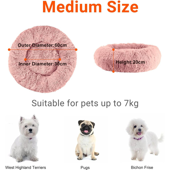 OKPOW Крізьке ліжко для собак: м'яке, кругле ліжко для цуценят, анти-страх, комфортне ліжко для котів, плюшеве ліжко для домашніх тварин, пральне, Ø60см, рожеве (M)