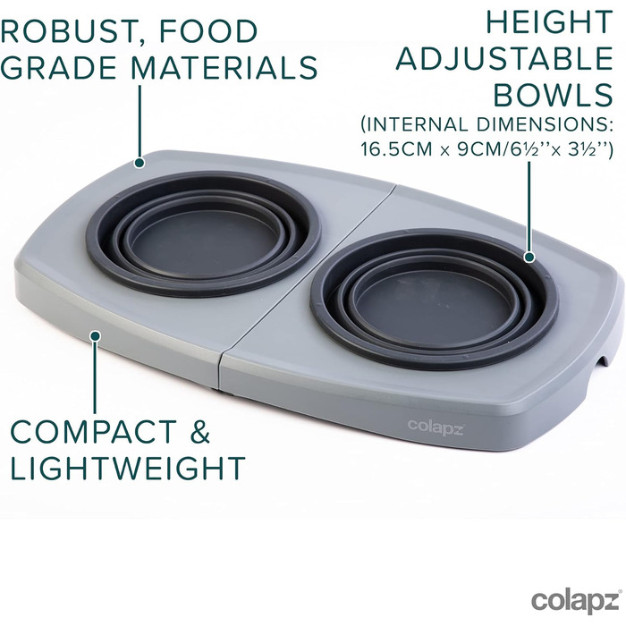 Набір з 2 склавних мисок для собак Colapz зі стійкою – регульована висота, підходить для собак та котів – портативні для подорожей, кемпінгу, авто – силіконові миски з сумкою, сірі