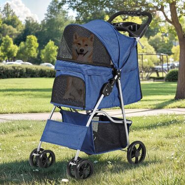 Візок для собак та котів DWVO, 15 кг, складання, з сітчастими віконцями та тримачем для напоїв, кошиком для зберігання (Блакитний)