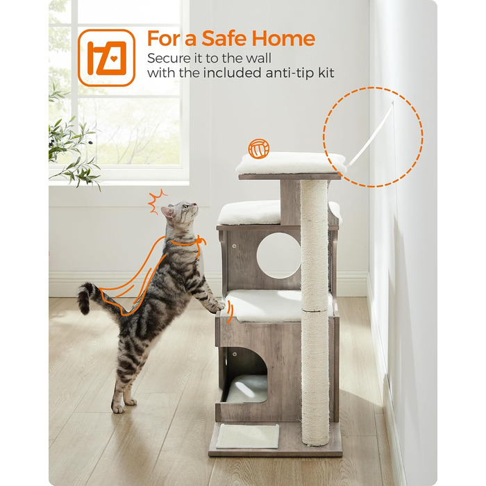 Котячий комплекс Feandrea WoodyWonders UPCT070G01, 86 см, сучасний котячий будинок-турнікет з 3 сидіннями, кігтеточка, мат, будиночок, 4 знімні пральні подушки, сіро-білий