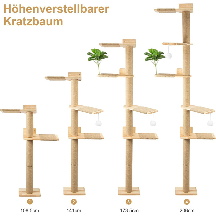 Кігтеточка для котів Youyijia 206 см з натурального каучукового дерева, 5 ярусів, настінна, з розширеною основою, плюшевими кульками, 360° обертання, XXL кігтеточка для котів