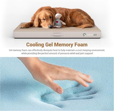 Ортопедичне ліжко для собак великих порід, 8,9 см гелевий пінопласт з пам'яті, міцний фланелевий матеріал, знімний чохол та водонепроникний наповнювач, антиковзаюче покриття (119 x 74 x 9 см, Бежевий)