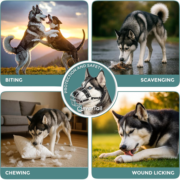Металева маска-намордник для собак CleverTail Husky Maulkorb - надійний захист від укусів та агресії для великих та середніх собак. З регульованими шкіряними ремінцями та сталевим каркасом.