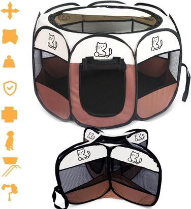 Клітка-вольєр для цуценят та тварин, 74x74x43 см, для собак, котів, кроликів та дрібних тварин, для використання в приміщенні та на вулиці (колір коричневий, восьмикутна)