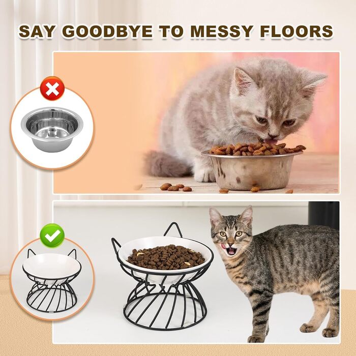 Підвищена годівниця для котів, керамічна, 250 мл, біла. Набір мисок для котів з антиковзним металевим підставкою, запобігає блювоті.
