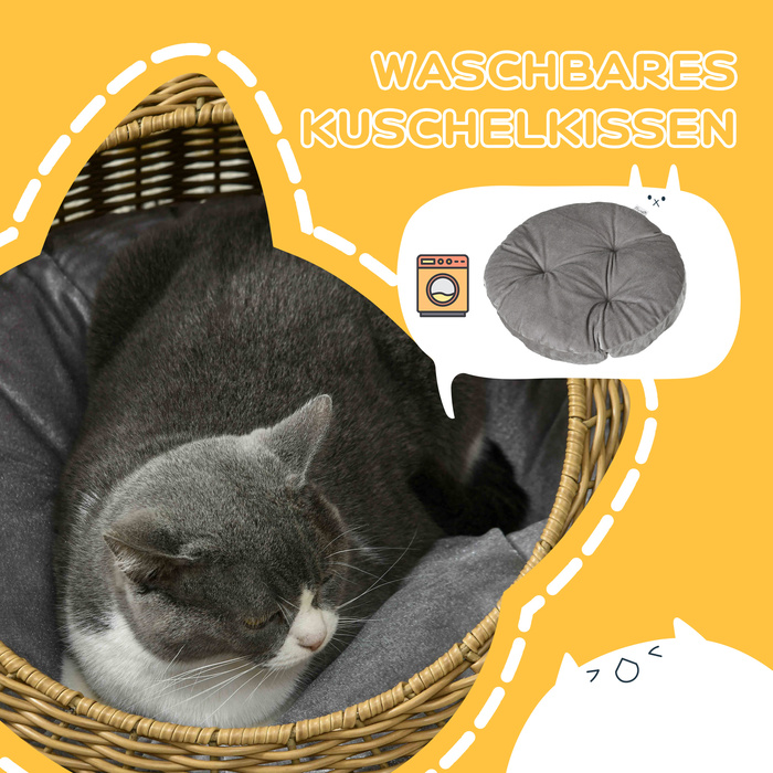 PawHut Rattan Cat Basket Cat House з подушкою для котів до 4 кг, кімнатна котяча печера з поліетиленового ротанга, Ø50 x 31 см, світло-коричневий для затишного відпочинку