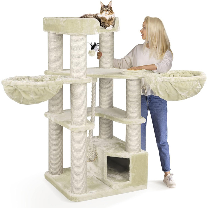 Дряпак для великих котів HAPPYPET Oscar 161 см, преміум, стійкий, 47 кг, стовпи 12 см, для мейн-кунів, деревина, плюш 600 г, кремовий