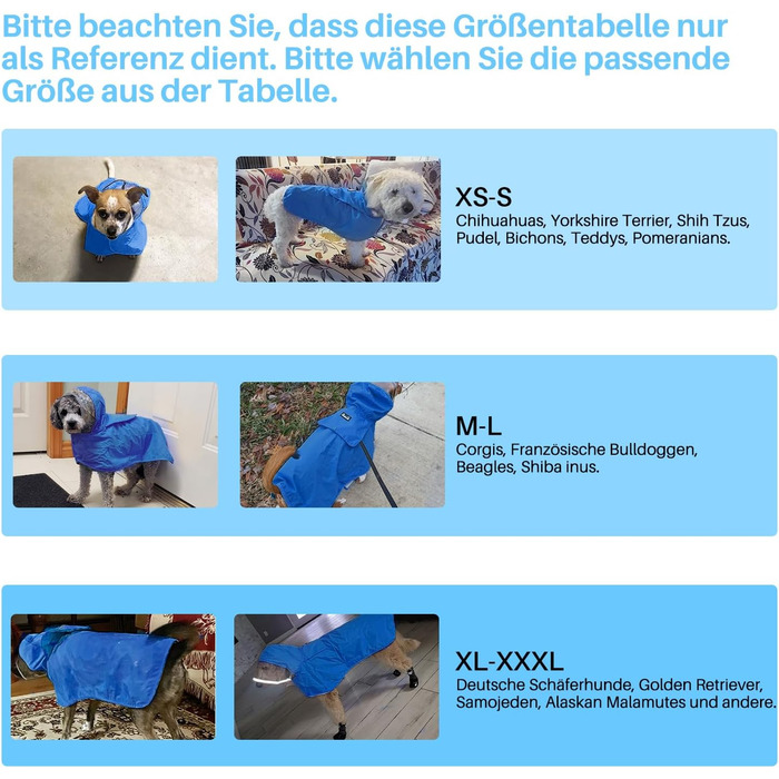Водонепроникний дощовик для собак Eyein, дощовик для маленьких собак з капюшоном та м'якою підкладкою, регульована куртка для собак з світловідбиваючими смугами, вітронепроникний та легкий (XXL, Синій)