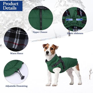 Водонепроникний зимовий теплий одяг для собак, теплий одяг для собак з шлейкою, для маленьких собак, розмір M (довжина спини 34 см), зелений