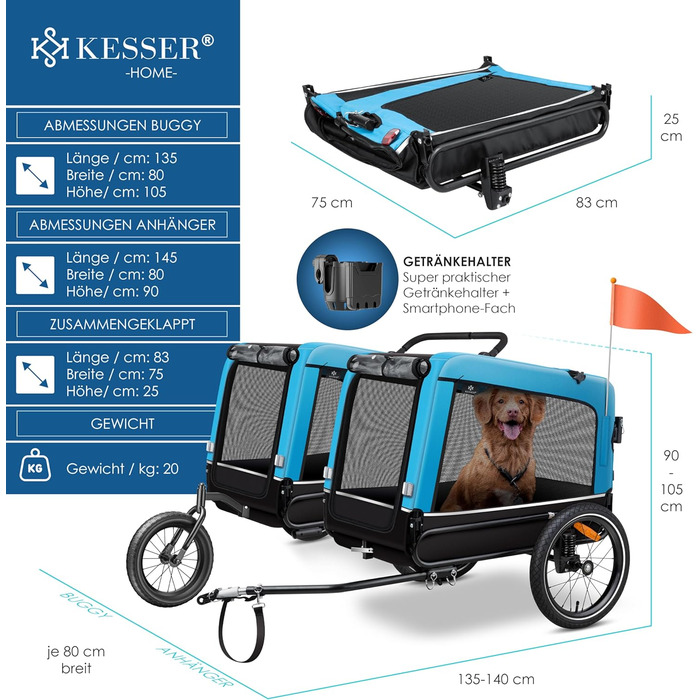 KESSER Причіп-візок для собак Boxer 3в1, велосипедний, великий, 240 л, 600D Оксфорд, амортизований, до 40 кг, з підстаканником