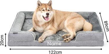 Ортопедичне ліжко для собак Lionto з піднятим бортиком, 89x63x17 см, м'яке крісло для собак з фланнелю, знімний та пральний чохол, неслизьке, для маленьких та великих собак та котів, сіре (з нанесенням імені)