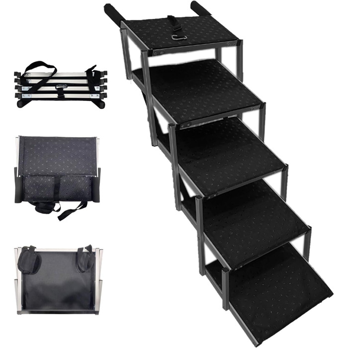 Складні сходи для собак з алюмінію, 5 сходин, вантажопідйомність 80 кг, антиковзне покриття, для автомобілів та SUV, чорний колір
