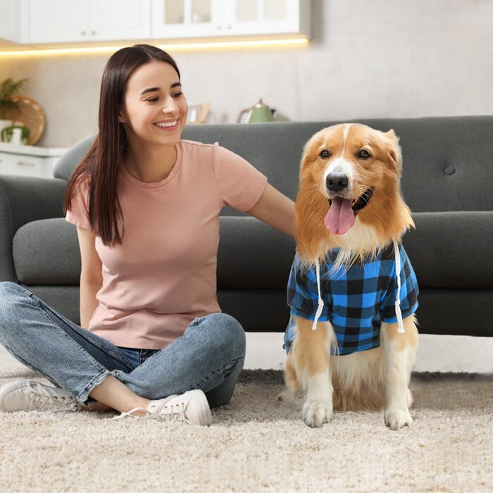 Теплий зимовий пуловер для собак з капюшоном, в клітинку, з кишенею на блискавці, розміри S-5XL, чорно-синій, бавовна