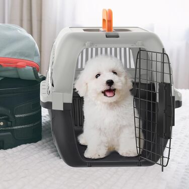 Транспортна переноска для собак та котів Aufun, 48x32x32 см, пластик з металевим ґратом, сіра+чорна