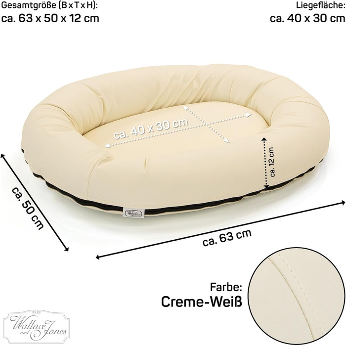 Wallace & Jones | Преміум лежанка для собак Болтон, 63x50 см, з штучної шкіри, для маленьких собак, з прихованою блискавкою, зручна, миється, не ковзає, кремово-білий колір