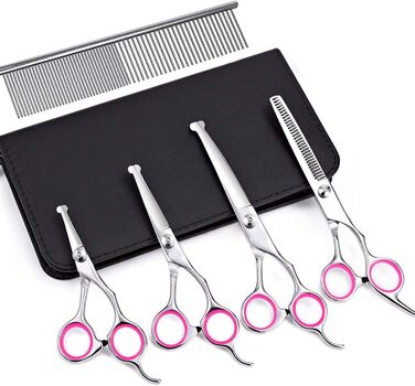 Набір професійних ножиць для собак з безпечним круглим наконечником, для грумінгу та стрижки шерсті. З набором для фінальної обробки. Підходить для собак та котів. Нержавіюча сталь, рожевий колір