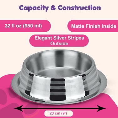 Набори мисок для собак та котів з нержавіючої сталі (2 шт) – миски для води з нековзним дном, 950 мл, діаметр 23 см