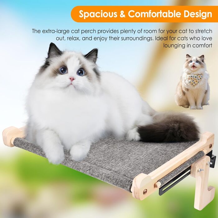 Кігтечка-ліжко для котів на підвіконня, 45x36 см, міцна дерев'яна платформа, з тканиною, для сну та сонячних ванн