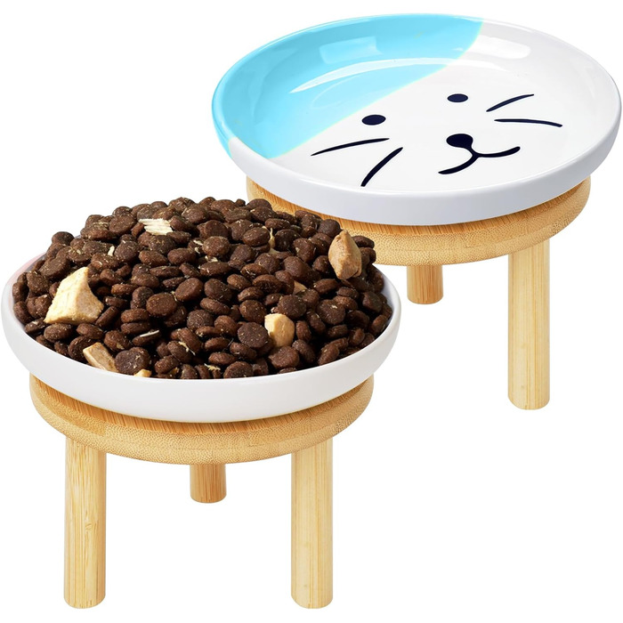 Набір мисок для котів з бамбуковим підставкою (2 шт.), 15 см, кераміка, зручні для вусів, зелені