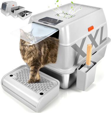 Kalolary XXL туалет для котів з нержавіючої сталі з кришкою, велика закрита котяча туалетна коробка з високим знімним бортиком, протікозахисна, легка у догляді, сіра