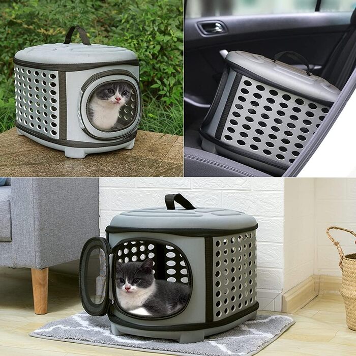 Складана переноска для котів та маленьких собак сірого кольору з м'якою підстилкою