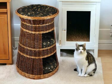 Корзина для котів для сну – котяча хатинка для дому – розмір 43 x 49 x 70 см, кругла – котяча хатинка з лози, трирівневе ліжко для собак або котів з пральним подушками в бежевому кольорі – лакована корзина (подушка темно-коричнева)