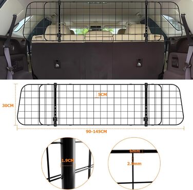 Сітка для собак у машину Herrselsam, перегородка в багажник, захист для собак, регульована ширина, з кріпленням на ремінь безпеки