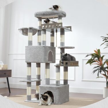 Котячий будиночок Kratzbaum: великий, з гамаком, 2 печери, 15 стовпчиків для дряпання (174см, світло-сірий)