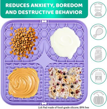 Килимок-лизун для собак та котів, 20 см, з міцними присосками для зняття тривоги та розваг, для купання та дресирування, лопатка та щітка, 2 шт. (фіолетовий та сірий)