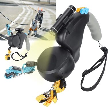 Подвійна собача шлейка, висувна шлейка з LED-підсвічуванням для двох собак, з фіксатором, регульована шлейка для домашніх тварин з двома головами, 9,8 футів, поворот на 360° без перекручування (Чорний)