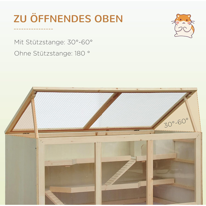 Клітка для тварин PawHut, клітка для гризунів з рампою та гойданням, верхня кришка відкривається, знімна піддон, дерево сосна та PS пластик, 115 x 60 x 55 см